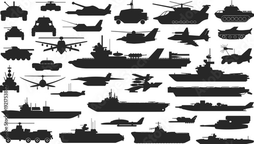 Silhouettes of military vehicles and aircraft including tanks, helicopters, planes, and ships on a white background