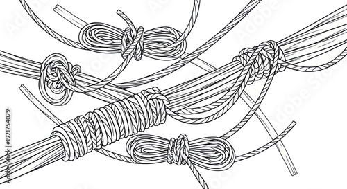 Diverse Rope Knots and Hitches on White Background, Close-up
