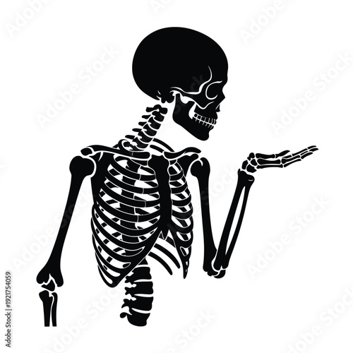 A black silhouette of a human skeleton presenting with an open palm