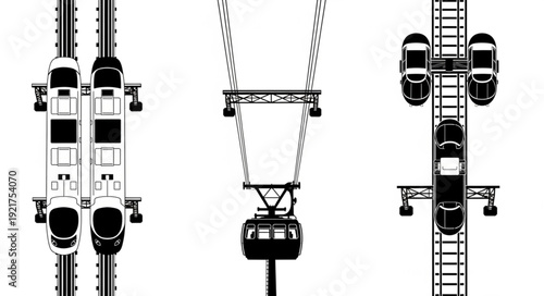 Aerial view of cable cars and gondolas on white background.