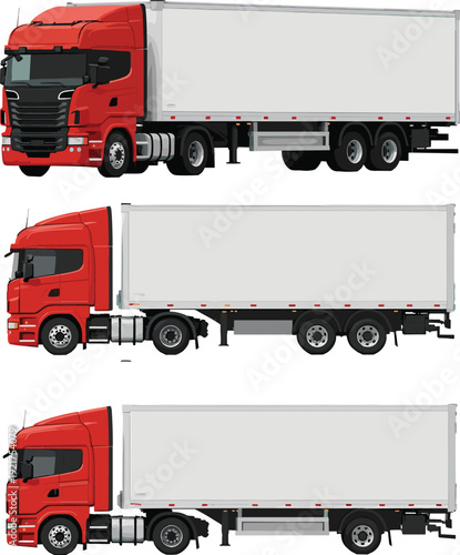 Red semi truck with white cargo trailer set, side view commercial transport vehicle illustration, detailed logistics freight transportation vector isolated on white background