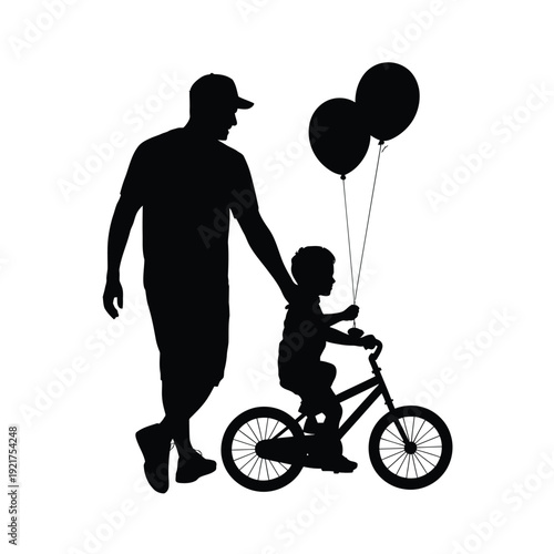 A silhouette of a father and son with a bicycle and balloons