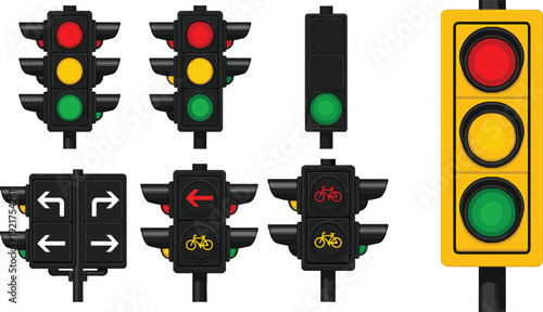 Traffic Light Signals Set with Pedestrian Bicycle and Direction Indicators Road Safety Vector Illustration