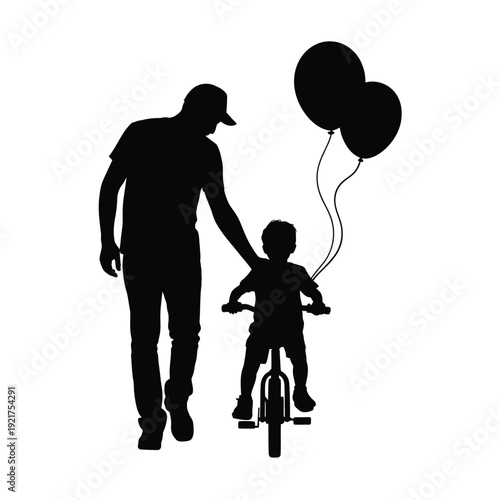 A father and son share a heartwarming moment with a bicycle and balloons