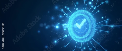 Wallpaper Mural Futuristic digital checkmark pulsates with blue light in a cinematic style, as the camera slowly pans, highlighting technology and innovation in a minimalist, data-driven environment. Torontodigital.ca