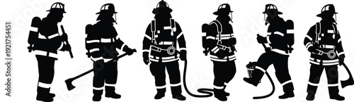 Six Silhouette Firefighters in Action with Equipment and Hoses silhouettes black 1 white firefighting