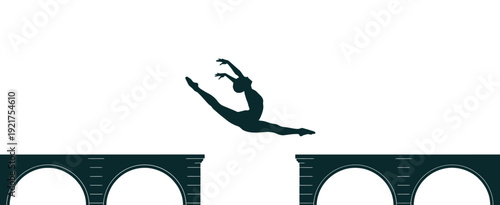 Silhouette of a woman leaping across a gap between two arched structures