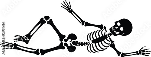 A black silhouette of a skeleton appears to be playfully swimming or floating