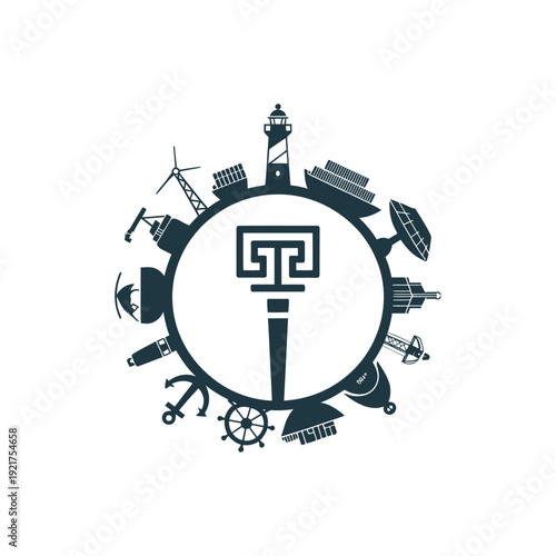 A circular graphic depicting various maritime and navigational icons around a central design