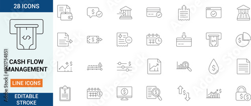 Professional outline icon set focused on cash flow management, including inflow, outflow, forecasting, liquidity, reporting, and financial planning concepts.