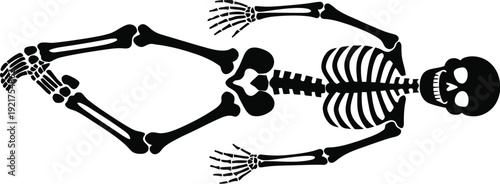 A black silhouette of a human skeleton lying in a playful position