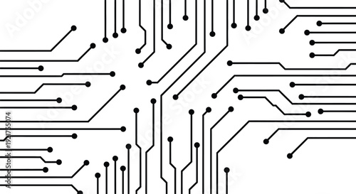 Abstract circuit board background with black lines and dots representing technology and connectivity