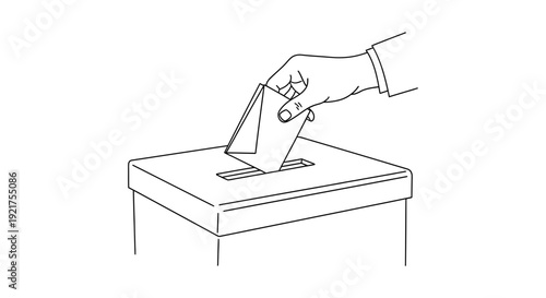 A person's hand carefully places a folded ballot into the slot of a transparent ballot box during an election.