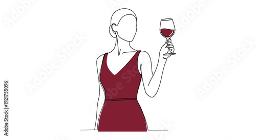 An elegant woman in a stylish red dress gracefully holding up a glass of red wine.