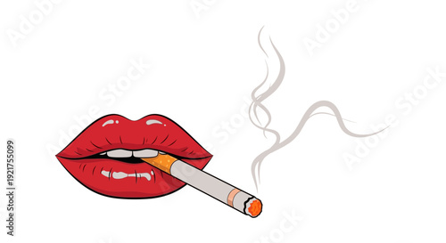 Vibrant red lips with a lit cigarette between them, producing wisps of smoke in the air.