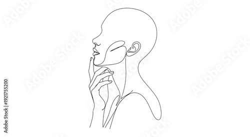 An elegant one-line drawing captures a thoughtful woman touching her chin, creating a minimalist profile.