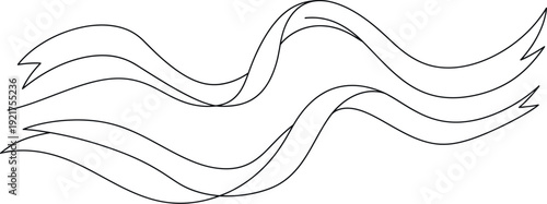 Elegant black and white line art illustration featuring two wavy overlapping ribbon banners flowing horizontally across the frame providing space for custom text banners.