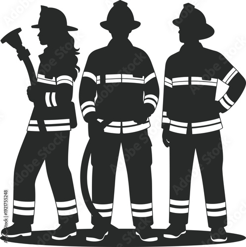 Three firefighters in black and white uniforms with reflective stripes standing together holding equipment