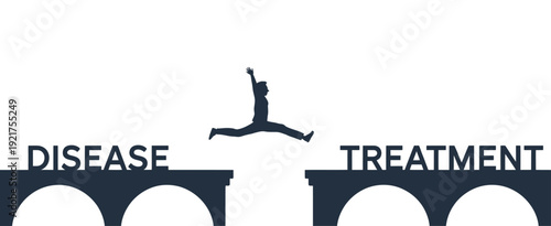 A silhouetted figure leaps from the word disease toward treatment