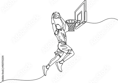 Minimalist continuous line art drawing capturing a professional basketball player executing a powerful slam dunk move towards the hoop against a clean white background illustration.