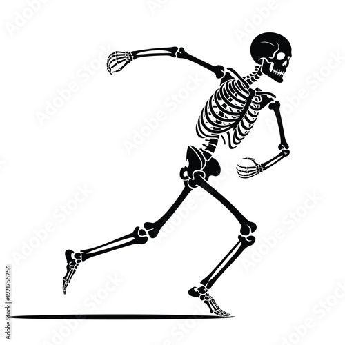 A black and white illustration depicts a running skeleton figure in motion