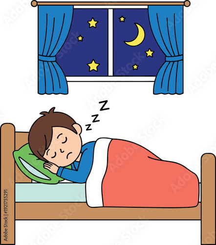 Adorable Kid Sleeping Peacefully in Bed at Night with Moonlit Window Vector Illustration