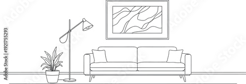 Simple black and white line art drawing depicting a modern living room setup featuring a minimalist sofa, framed abstract wall art, a potted plant, and an adjustable floor lamp.