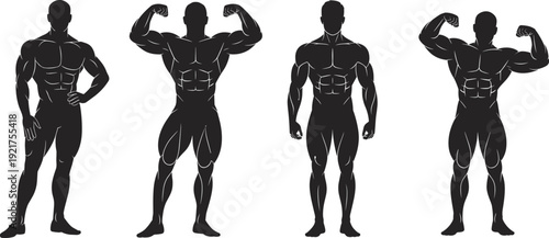 Muscular male bodybuilder silhouette set with front and biceps poses showcasing strength and physique isolated on white background