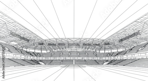 Detailed wireframe architectural drawing showcasing the empty interior structure of a large modern sports stadium featuring tiered seating and overhead lighting rigging ready for event design.