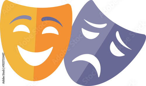 Two theatrical masks one smiling and one frowning in orange and purple colors comedy mask tragedy mask 3
