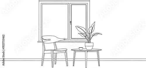 Simple black and white line art drawing depicts a modern interior scene featuring a minimalist wooden chair next to a small round side table holding a potted houseplant and a tiny cup.