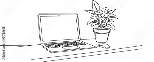Minimalist continuous line drawing depicts a modern open laptop computer situated next to a potted houseplant and a computer mouse on a simple desk surface.