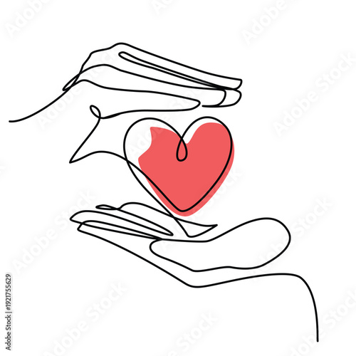 Hands holding heart one line drawing. Hands holding heart single line illustration. Hands holding heart minimalist line art. Hands holding heart vector art