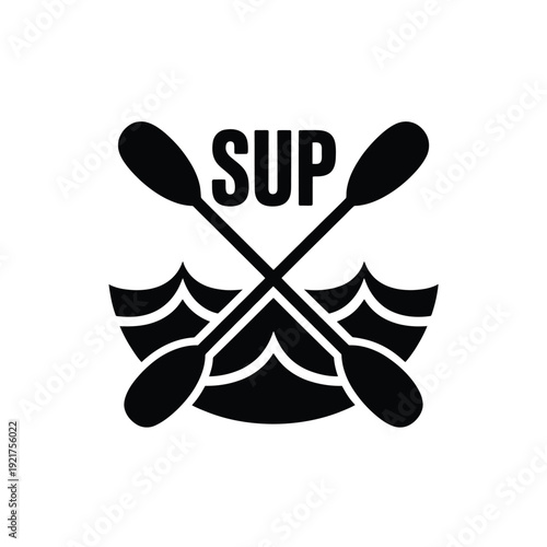 Black and white illustration of a stand up paddleboard with crossed paddles