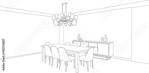 Interior design outline drawing of a formal dining room set featuring a large rectangular table surrounded by modern upholstered chairs beneath an elaborate multi-bulb chandelier.