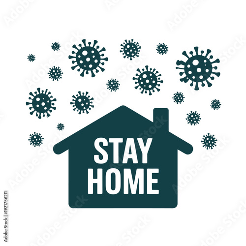 Stay home illustration featuring a house and surrounding virus like particles
