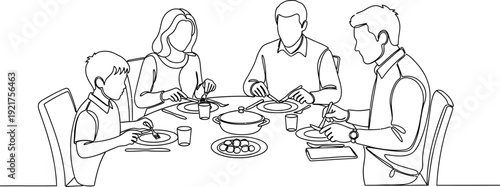 Simple continuous line drawing illustrates a happy family of four sharing a meal together around a dining table enjoying quality time and conversation during dinner.