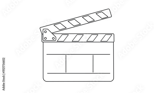 Simple black and white clapperboard icon used in filmmaking and video production to start and stop recording scenes