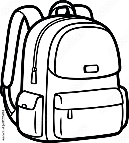 Simple black and white line art illustration of a standard modern backpack featuring multiple compartments and adjustable shoulder straps perfect for school or travel needs