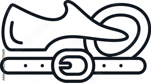 Simple black and white line art icon depicting a classic shoe positioned over a stylish belt featuring a prominent buckle and accompanying holes for adjustment.