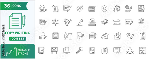 Copywriting web Line Icons Set. Content writing,writing, article, document,research, storytelling Collection .Editable Stroke. Vector Illustration.