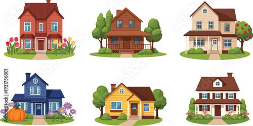 Suburban Family Houses Collection with Garden and Trees Residential Real Estate Vector Illustration Set