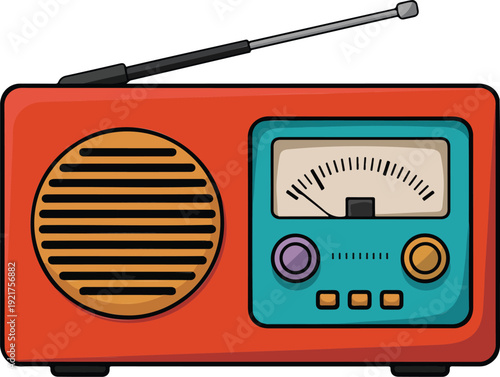 Retro Portable Radio Icon Set Front View, Dials, and Antenna