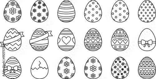 Collection of eighteen distinct black and white outline drawings featuring various creatively decorated easter eggs suitable for coloring books and seasonal projects