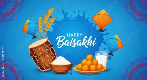 Vibrant Baisakhi celebration with traditional sweets and kites