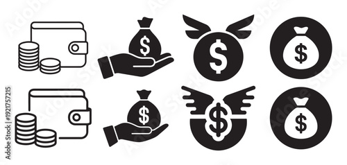 Flying money bag icons with wings representing fast profit or inflation. vector illustration eps 10