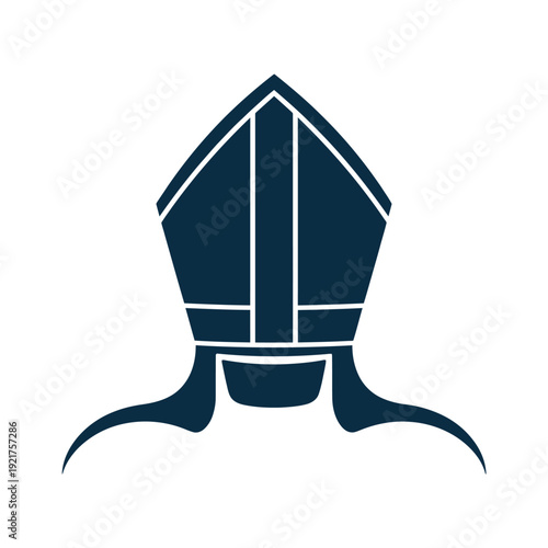 A minimalist navy blue graphic depicting a bishop s mitre or ceremonial hat