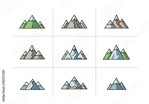 Collection of Stylized Mountain Peaks for Outdoor Adventure and Nature Themes Diverse Scenery for Landscape Design Concepts