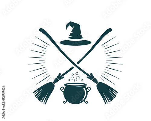 A dark teal illustration featuring a witch s hat crossed brooms and bubbling cauldron