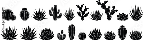 Comprehensive collection of various desert cactus silhouettes and succulent plant species including saguaro prickly pear and agave for arid nature landscape design